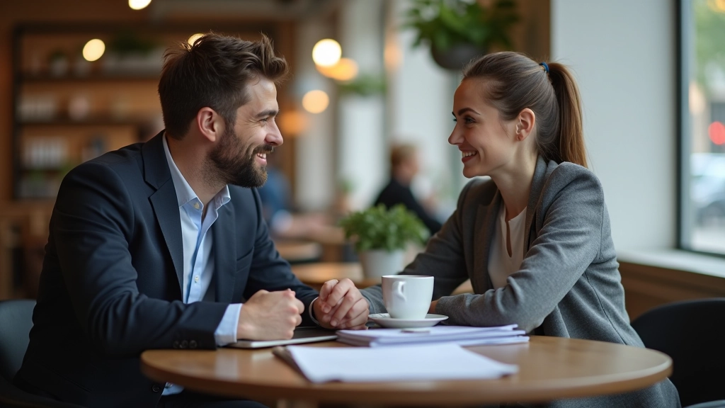 Muž a žena sedí v kavárně s notebookem a diskutují o finančním plánu