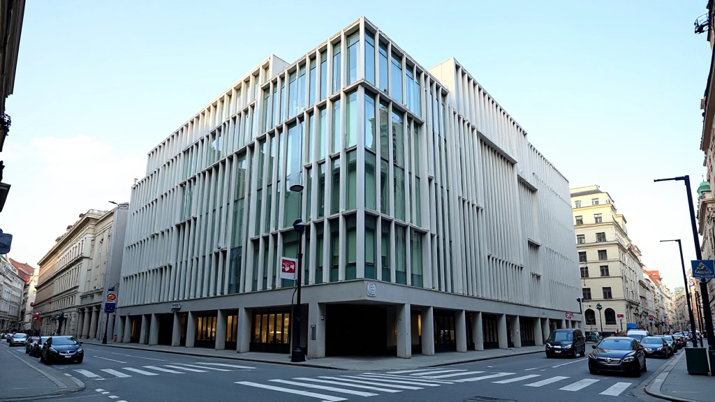 Moderní budova České národní banky v Praze s nápisy o měnové stabilitě