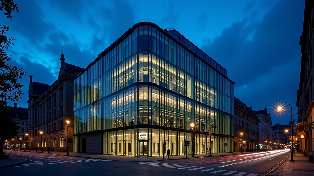 Fotografie nočního prostředí bankovního centra s iluminovanými okny znázorňující nepřetržitou činnost centrální banky